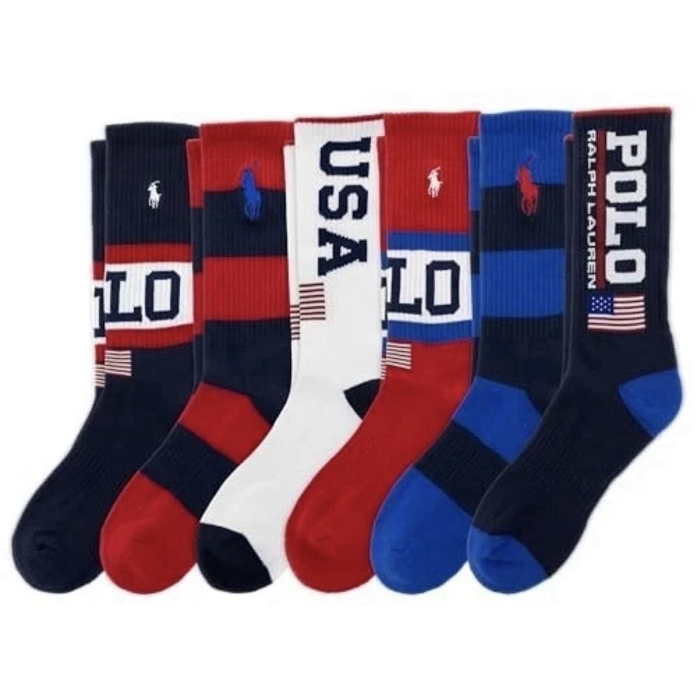 NWT Polo Ralph Lauren SOCKS USA Stadium Performance Crew socks 6 pairs Shoe 6-12